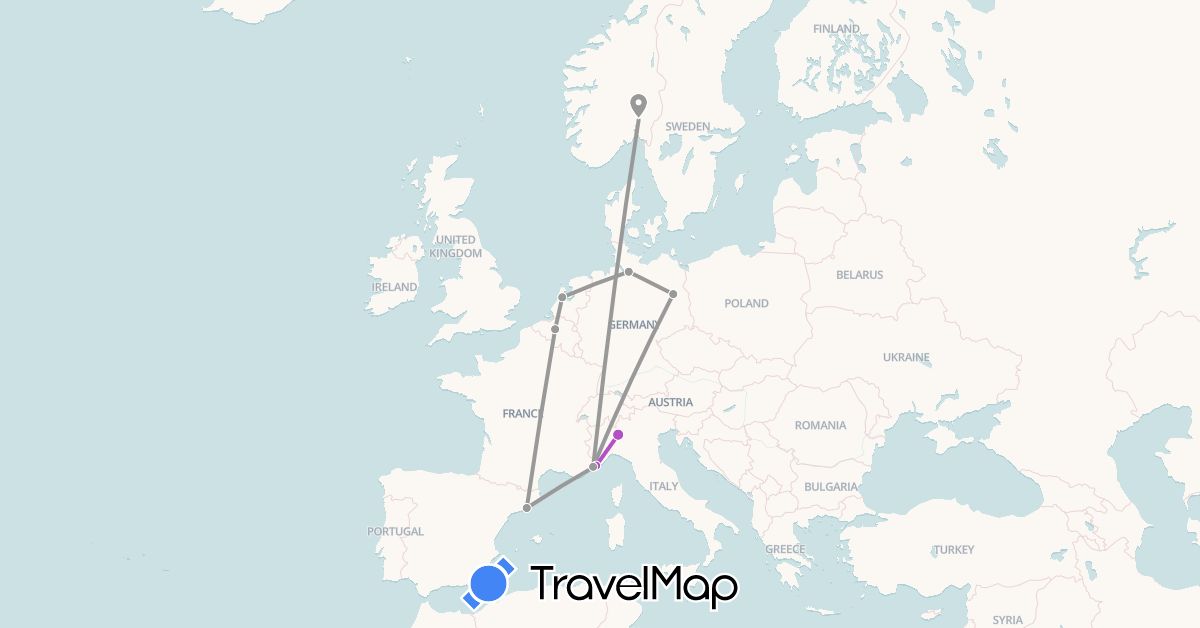 TravelMap itinerary: driving, plane, train in Belgium, Germany, Spain, France, Italy, Netherlands, Norway (Europe)